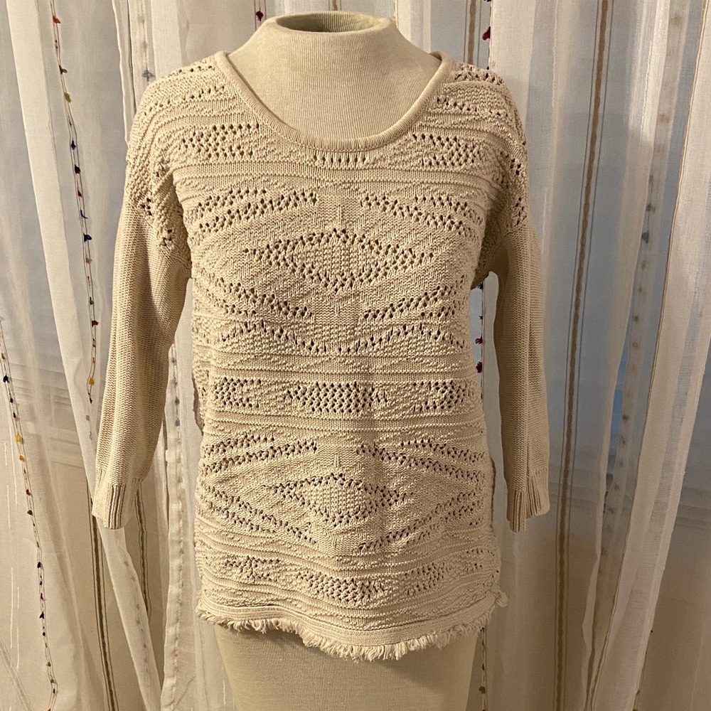 AEO 100% Cotton 3/4 Sleeve Sweater w/ Fringe Bottom